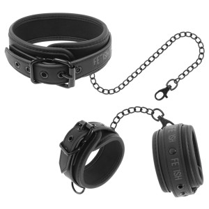 Fetish Submissive Vegan Leather Necklace And Handcuffs With Noprene Lining