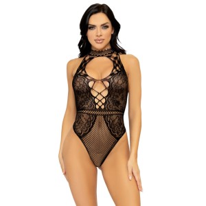 Leg Avenue Net & Lace Keyhole Bodysuit One Size Black