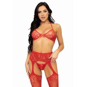 Leg Avenue Three Pieces Set Bra, String And Stocking One Size Red