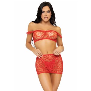 Leg Avenue Three Pieces Set Top, Mini Skirt & String One Size Red