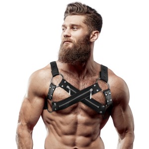 Fetish Submissive Attitude Adjustable Neoprene Cross-over Chest Bulldog Harness With Zippers For Men