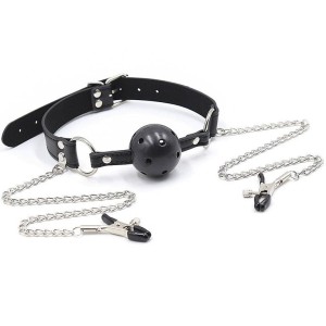 Ohmama Fetish Ball Gag With Vents And Nipple Clamps