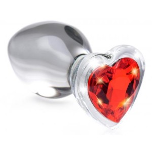 Red Heart Glass Anal Plug With Gem Medium