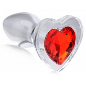 Red Heart Glass Anal Plug With Gem Large