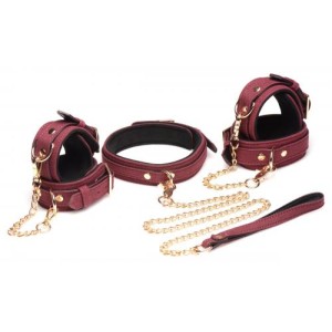 6-piece Bdsm Suede Cuff Set With Collar And Strap Burgandy