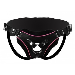 Low Rise Leather Strap On Dildo Harness With Pink Accents