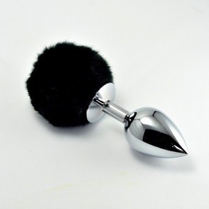 Large Metal Plug With Black Fluff Pompon Metal Plug Large Silver