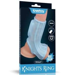 Vibrating Ridge Knights Ring With Scrotum Sleeve Blue