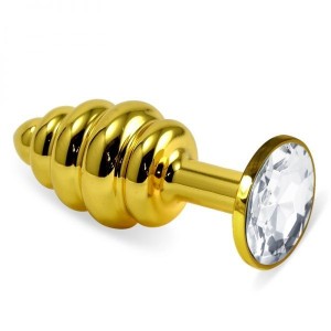 Ribbed Gold Butt Plug With Clear Crystal Rosebud Spiral Metal Plug