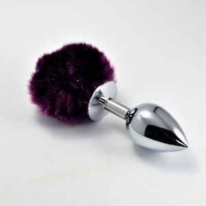 Large Metal Plug With Burgundy Fluff Pompon Metal Plug Large Silver