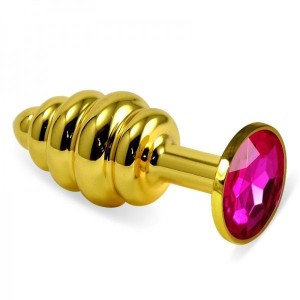 Ribbed Gold Butt Plug With Rosebud Spiral Metal Plug