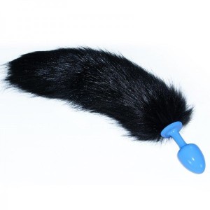 Blue Anal Plug With Long Black Tail Luxury Metal Anal Tail Blue