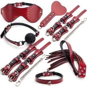 Red Bdsm Accessories Set Crocodile Grain Bondage Kit 7 Pieces