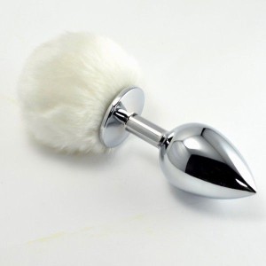 Large Metal Plug With White Fluff Pompon Metal Plug Large Silver