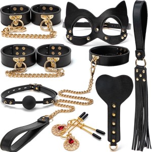 Elite Set Of Bdsm Accessories Golden Leather Bondage Kit 8 Pieces