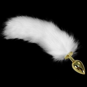 Butt Plug Gold With White Fluffy Tail Metal Anal Tail