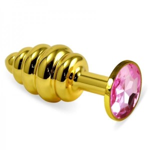 Ribbed Gold Butt Plug With Light Pink Crystal Rosebud Spiral Metal Plug