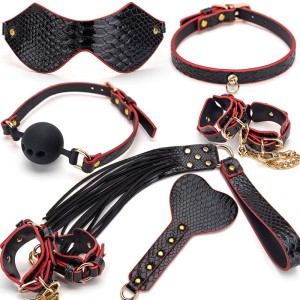 Black Bdsm Accessories Set Crocodile Grain Bondage Kit 7 Pieces