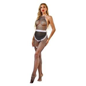 Black Lace Fishnet Body Stocking With Apron