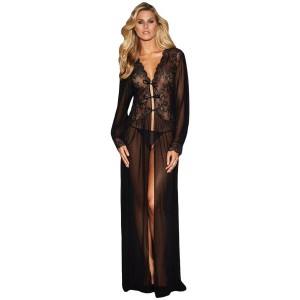 Sheer Long Sleeve Lace Robe With Thong