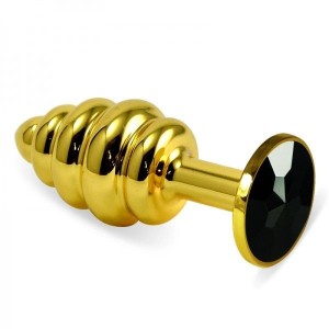 Ribbed Gold Butt Plug With Black Crystal Rosebud Spiral Metal Plug