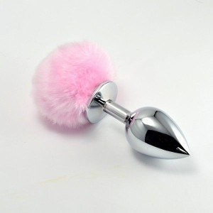 Large Metal Plug With Pink Fluff Pompon Metal Plug Large Silver