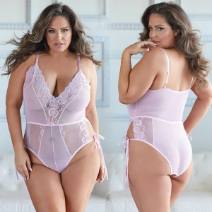Allure Lace And Mesh Tie Up Romper-pink 2x/3x