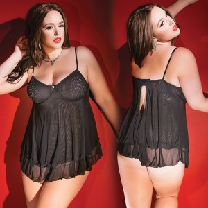 Kissable Mesh Rhinestone Baby Doll & G-string-black O/s X