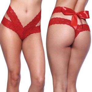 Crotchless Lace Dual Strap Thong-red O/s X