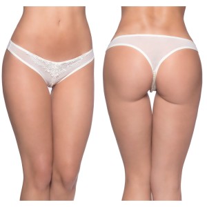 Crotchless Thong With Pearls And Venise Detail White One Size