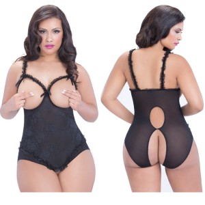 Open Cup Crotchless Teddy Queen Size Black