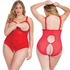 Open Cup Crotchless Teddy Queen Size Red