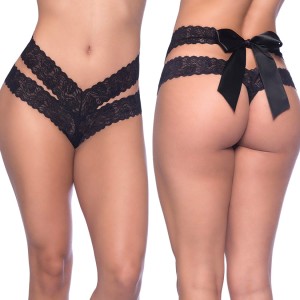 Crotchless Lace Dual Strap Thong-black O/s X