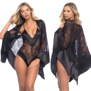 All Over Lace Handkerchief Robe With Wide Satin Edges Black One Size