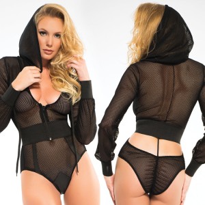 Adore Chloe Fishnet Bodysuit With Hoody-black Large