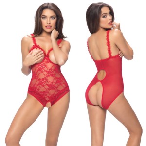 Lace Open Cup Crotchless Teddy One Size Red