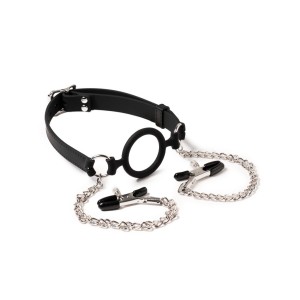 Rimba Latex Play Mouthgag With O-ring And Nipple Clamps Black