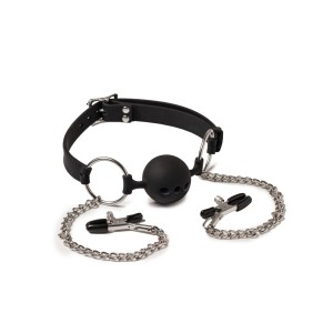 Rimba Latex Play Mouthgag With Ball And Nipple Clamps Black