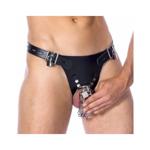 Rimba Bondage Play Leather Chastity Underwear With Padlocks And Penis Cage Black & Silver
