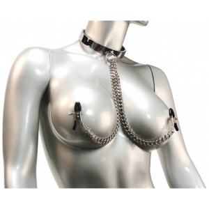 Chrome Slave Collar With Nipple Clamps Smallmedium