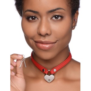 Heart Lock Leather Choker With Lock And Key Red