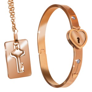 Cuffed Locking Bracelet And Key Necklace Rose Gold