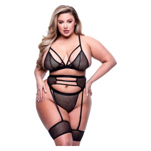 3pc Strappy Bra, Garter & Panty Set Black, Queen
