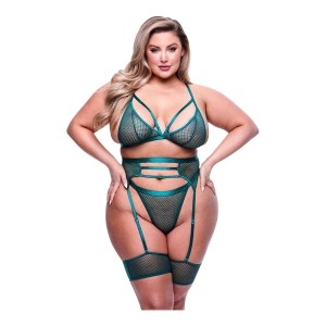 3pc Strappy Bra, Garter & Panty Set Green, Queen