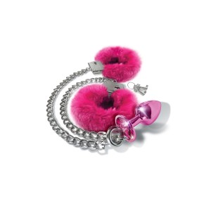Nixie Metal Butt Plug & Furry Handcuff Set, Medium, Pink Metallic