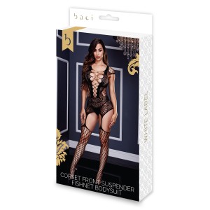 Baci Corset Front Suspender Fishnet Bodysuit Black, Os