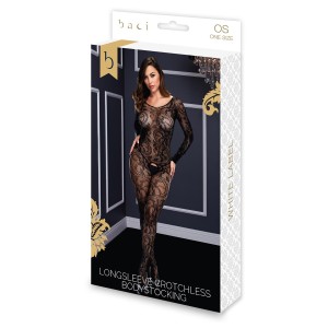 Baci Longsleeve Crotchless Bodystocking Black, Os