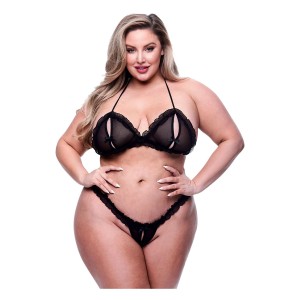 Baci 2pc Peekaboo Bra & Crotchless G-string Set Black, Queen