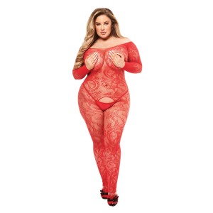 Baci Longsleeve Crotchless Bodystocking Red, Queen