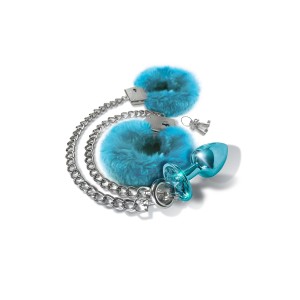 Nixie Metal Butt Plug & Furry Handcuff Set, Medium, blue Metallic